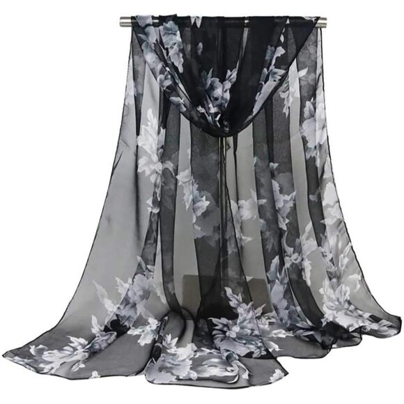 Scarfs Lightweight Print Floral Peach Blossom&black - Picture 2 of 4